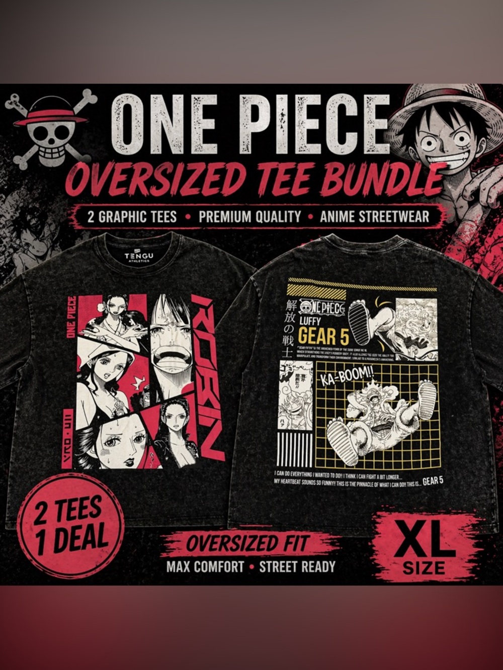 One Piece Oversized Tee Bundle XL Anime Graphic Shirts 2 Pack